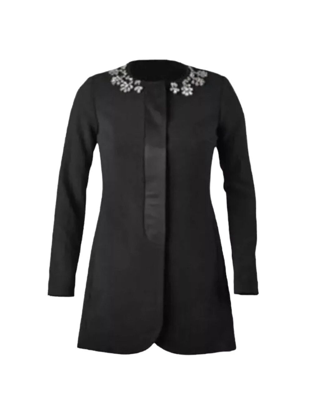 Cabi Black Symphony Longline Peacock Embellished Neckline Tailored Jewel Coat